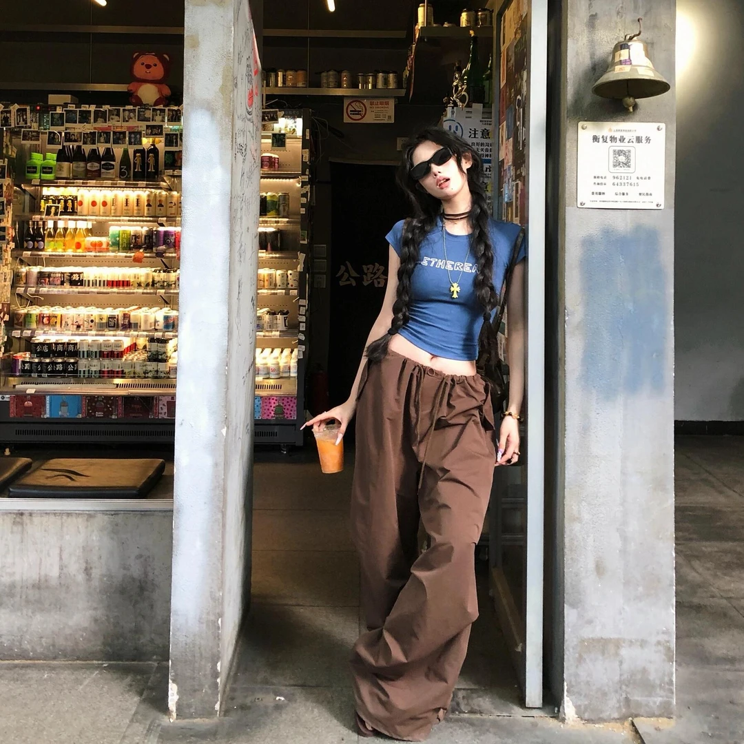 短袖印花t恤女夏季新款修身显瘦辣妹上衣美式复古工装裤两件套