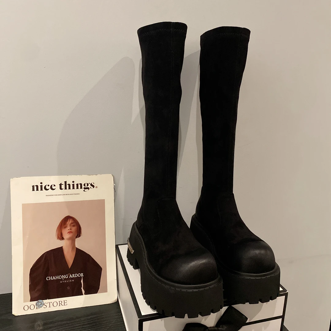 2025新款小个子增高不过膝高筒靴女松糕厚底粗跟绒面瘦瘦靴骑士靴