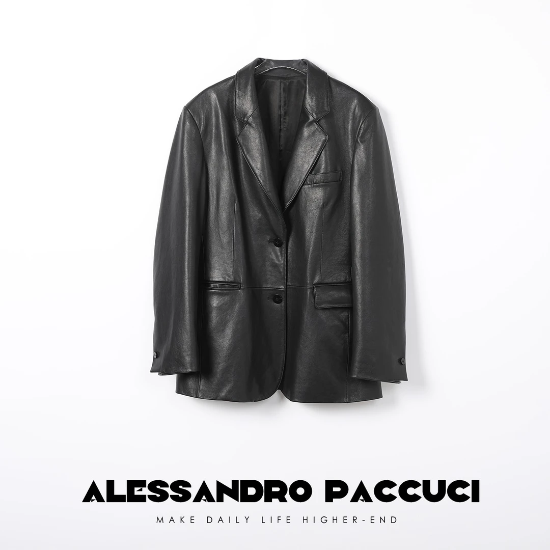 AP洛哥21161 绵羊皮翻驳领黑色时尚百搭简约女士西装皮衣外套