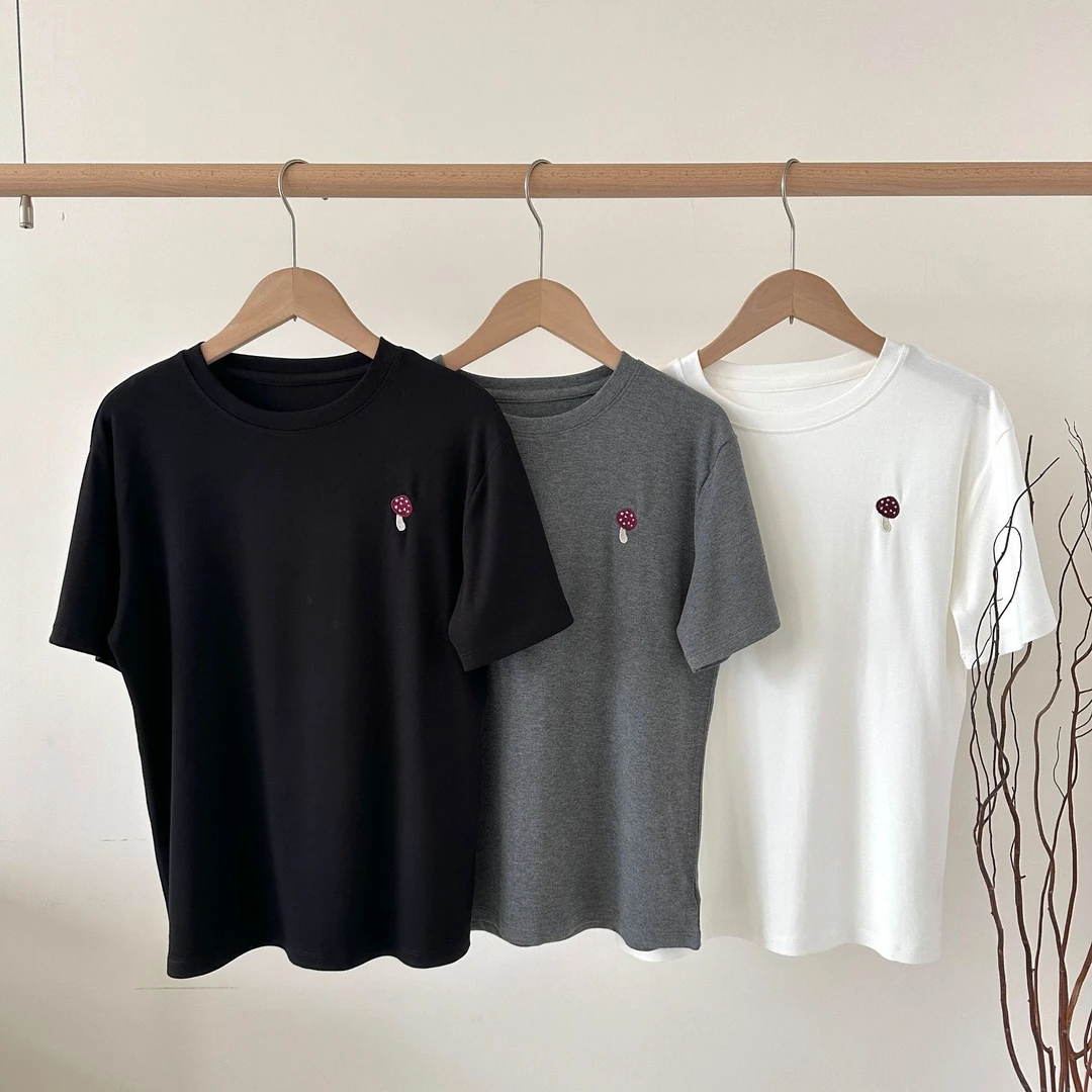 蘑菇圆领简约风夏季短袖T恤女百搭正肩上衣半袖弹力修身批发t恤衫