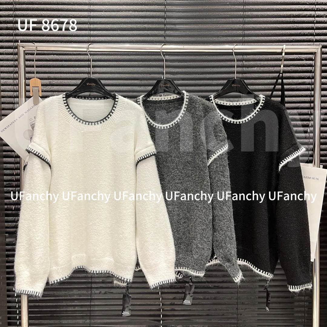 UF-8678休闲慵懒撞色宽松毛衣