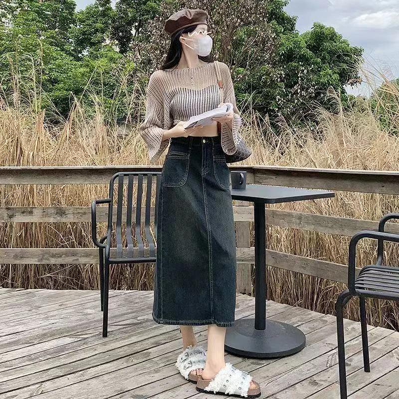 【真】复古春季牛仔半身裙女小个子新款高腰显瘦中长款a字开叉包臀