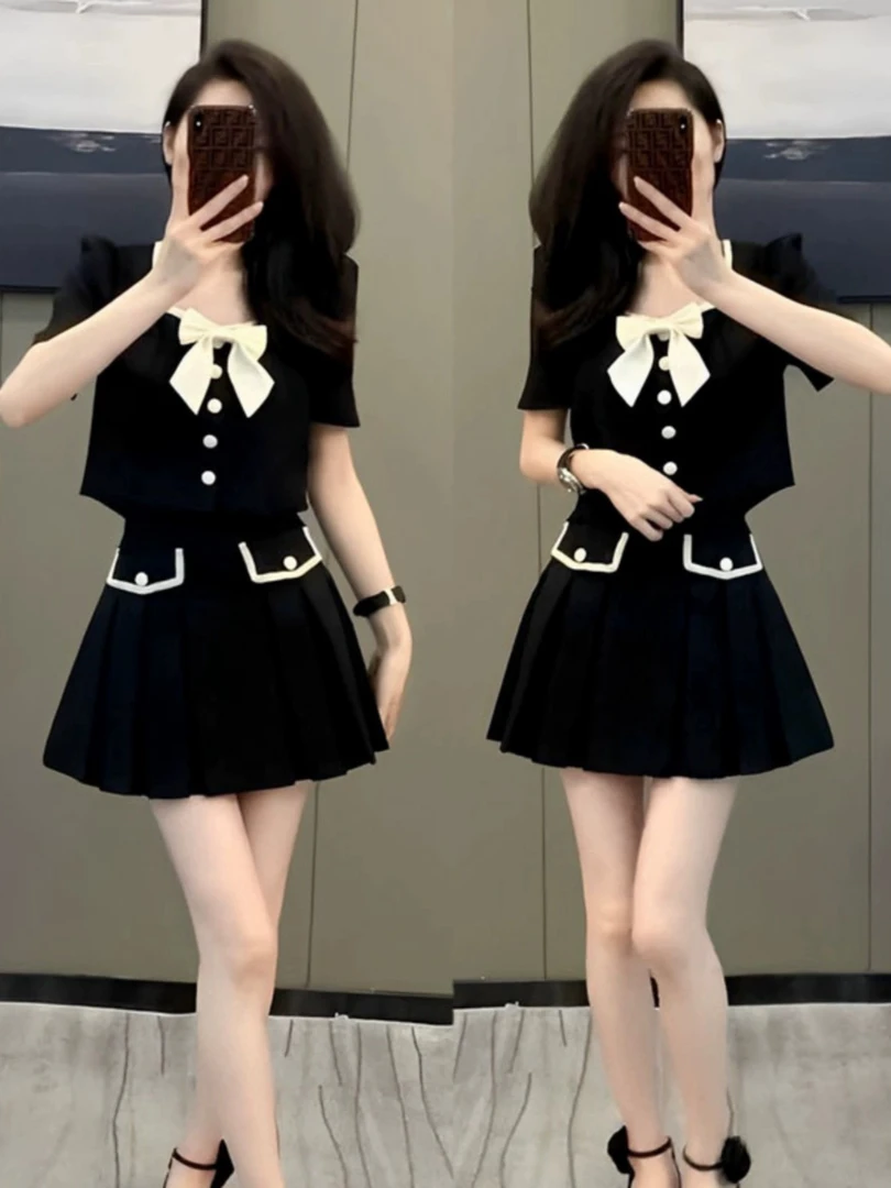 韩版小香风富家千金两件套夏季新款小个子蝴蝶结短款上衣显瘦短裙