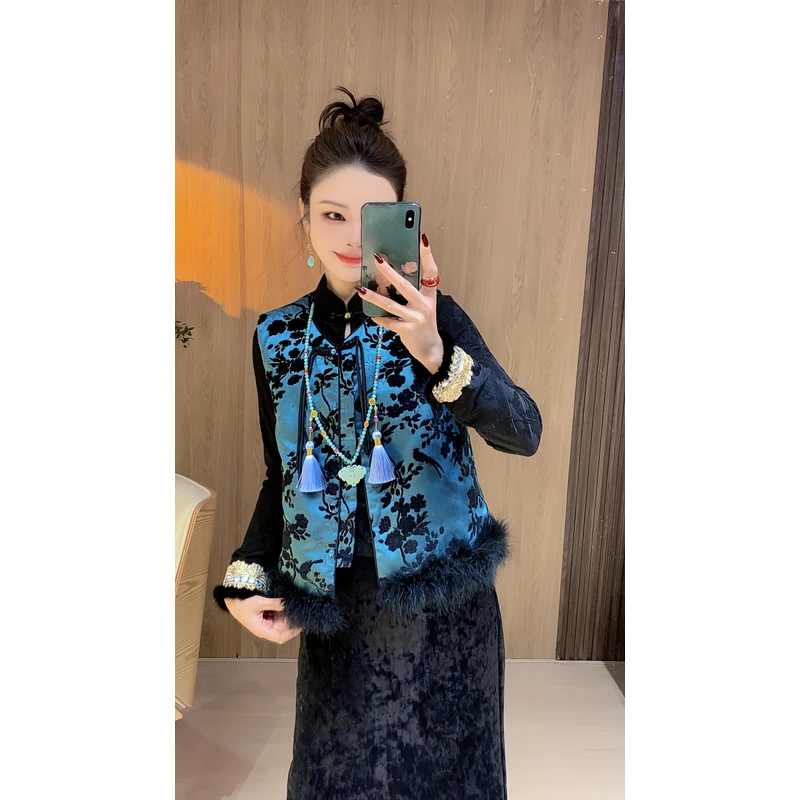 【蓝采和】新中式国风提花棉服棉衣马甲上衣外套女