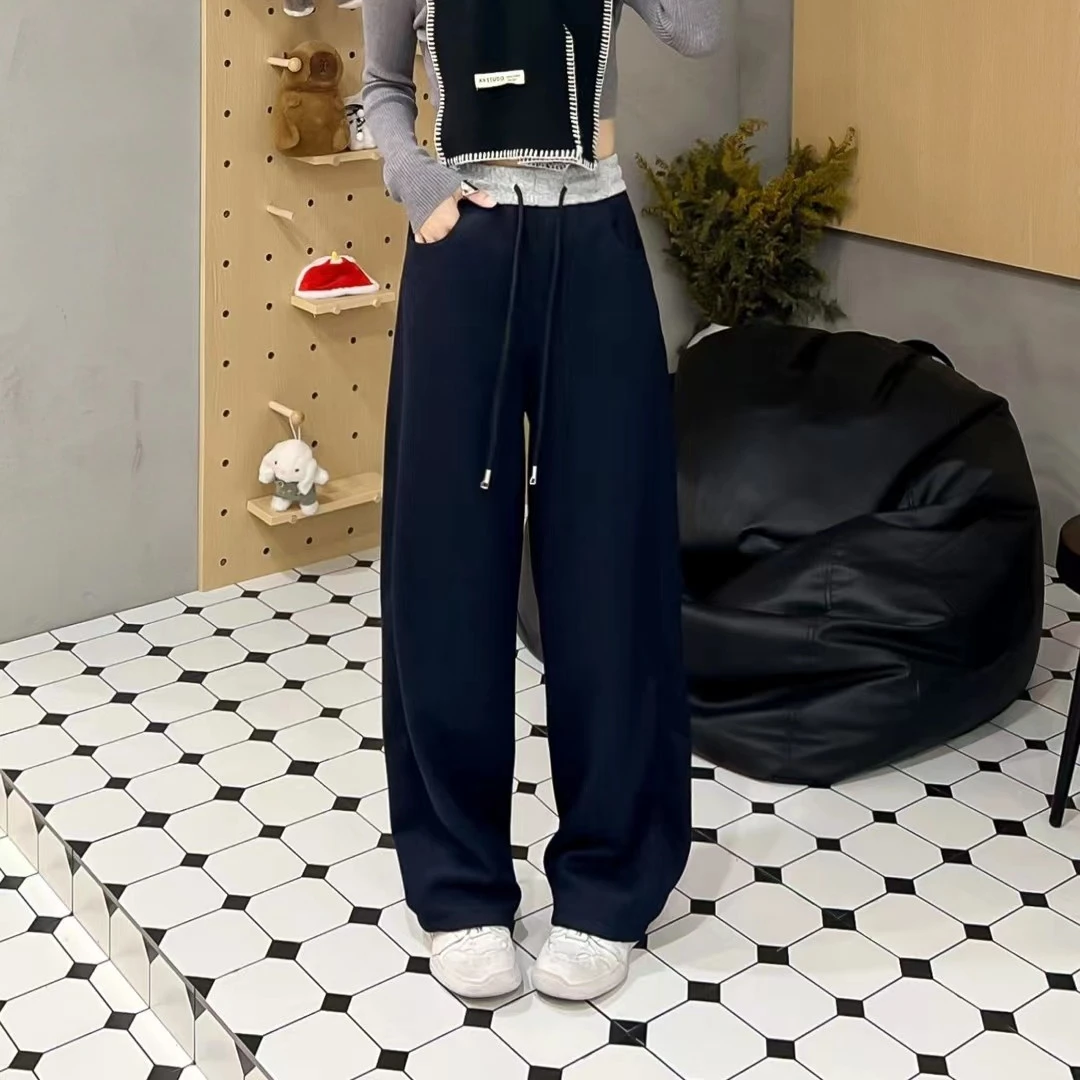 高品质秋冬加绒深蓝大码松紧高腰垂感阔腿牛仔香蕉裤时尚显瘦直筒