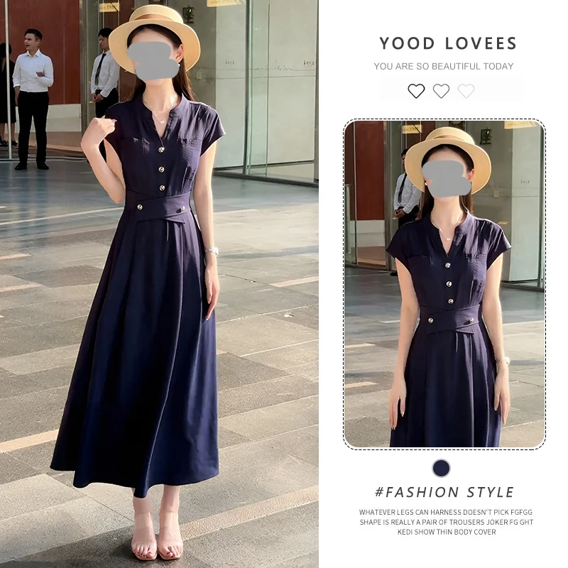 小众设计感气质短袖连衣裙女装2025夏季新款通勤显瘦绝美收腰长裙