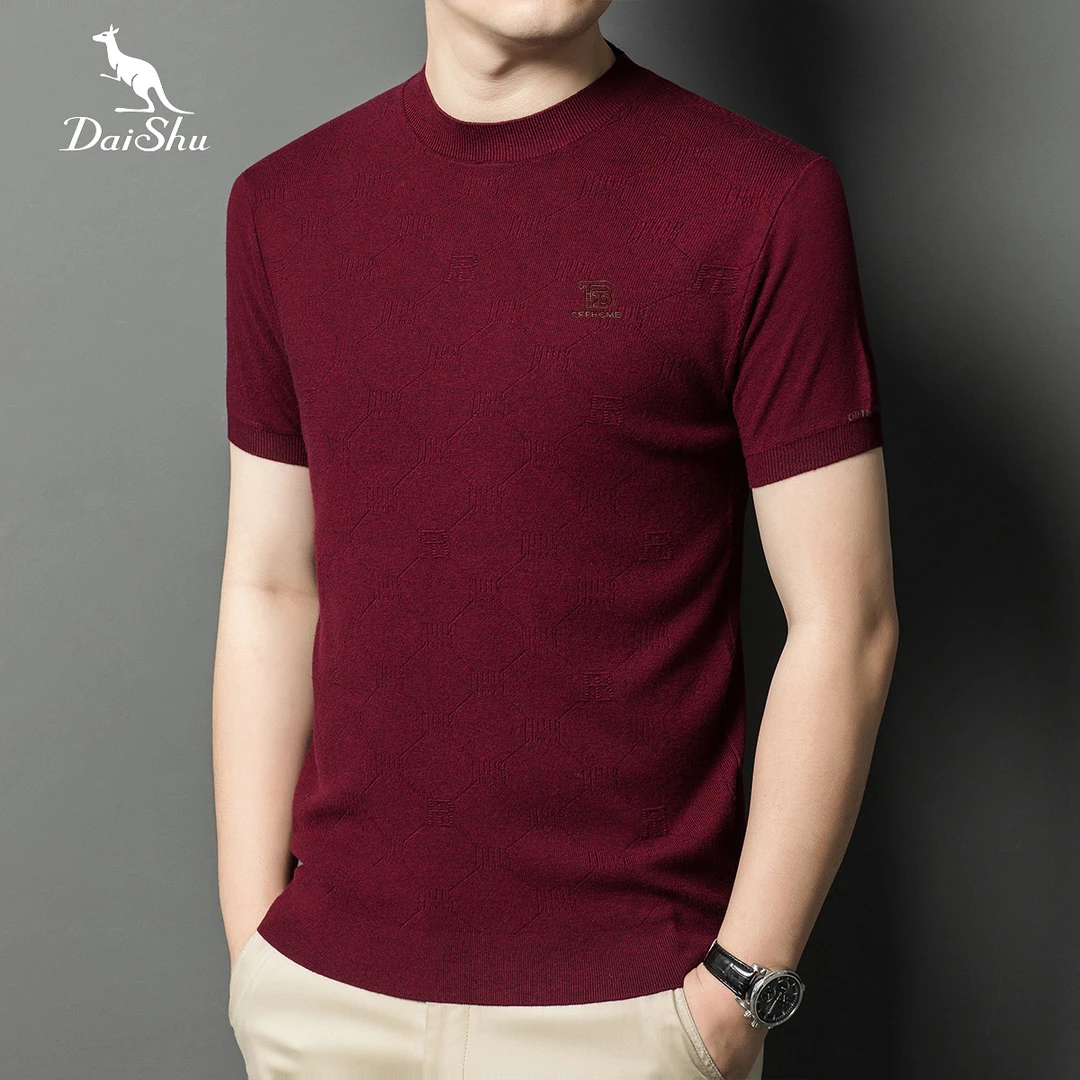 Dai Shu/袋鼠秋冬季提花短袖针织衫毛衣男士宽松半袖打底毛衫