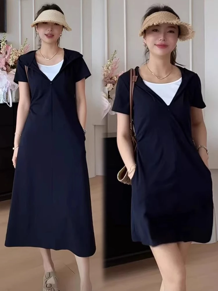 连衣裙女2025夏季新款时髦洋气假两件拼接连帽气质短袖休闲裙子潮