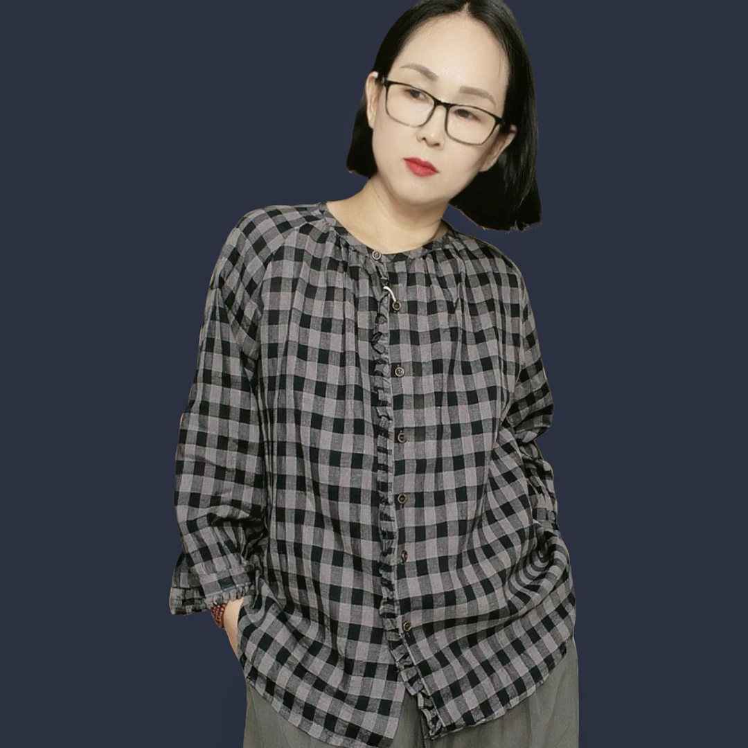 四季休闲宽松文艺复古色织亚麻木耳花边圆领长袖格子衬衫