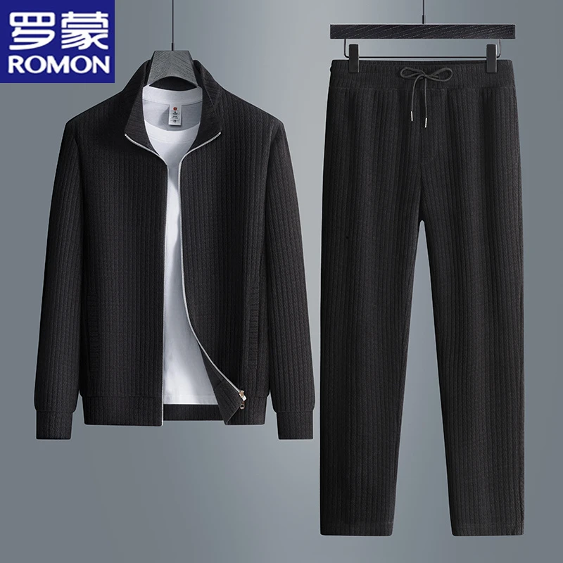 罗蒙新款中年翻领长袖夹克时尚提花开衫秋季男士纯色商务休闲套装
