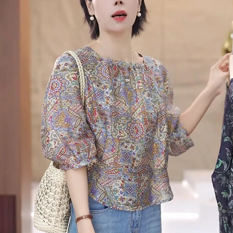2025夏季新款女士印花衬衫洋气减龄宽松显瘦独特别致亚麻小衫上衣
