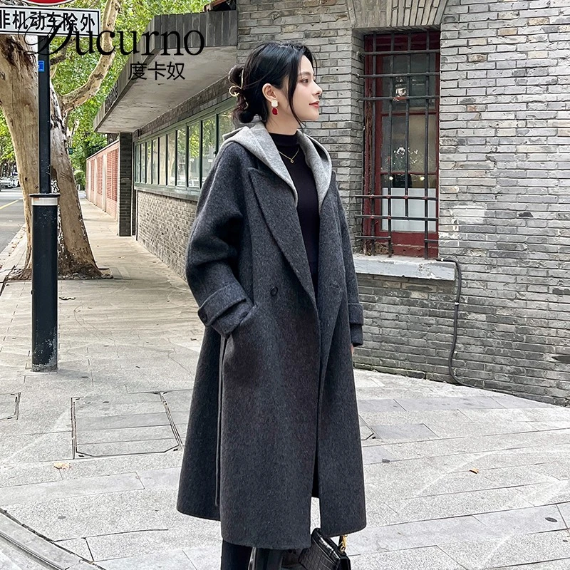 烟灰色双面呢大衣女中长款2025秋冬新款韩版宽松高档羊毛呢外套