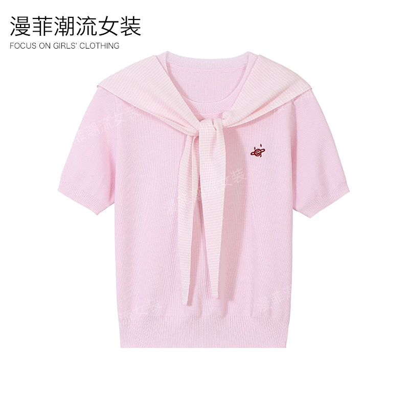 粉色薄款真两件披肩针织衫短袖女2025夏季新品刺绣学院风T恤上衣