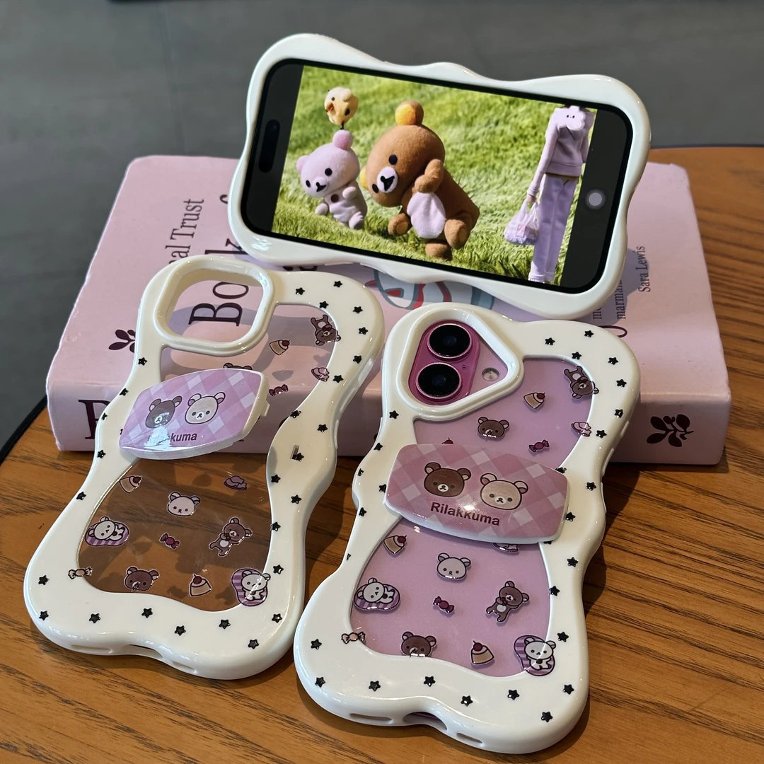 欧克里里白色轻松熊适用苹果16promax蝴蝶结支架手机壳15/14/13套