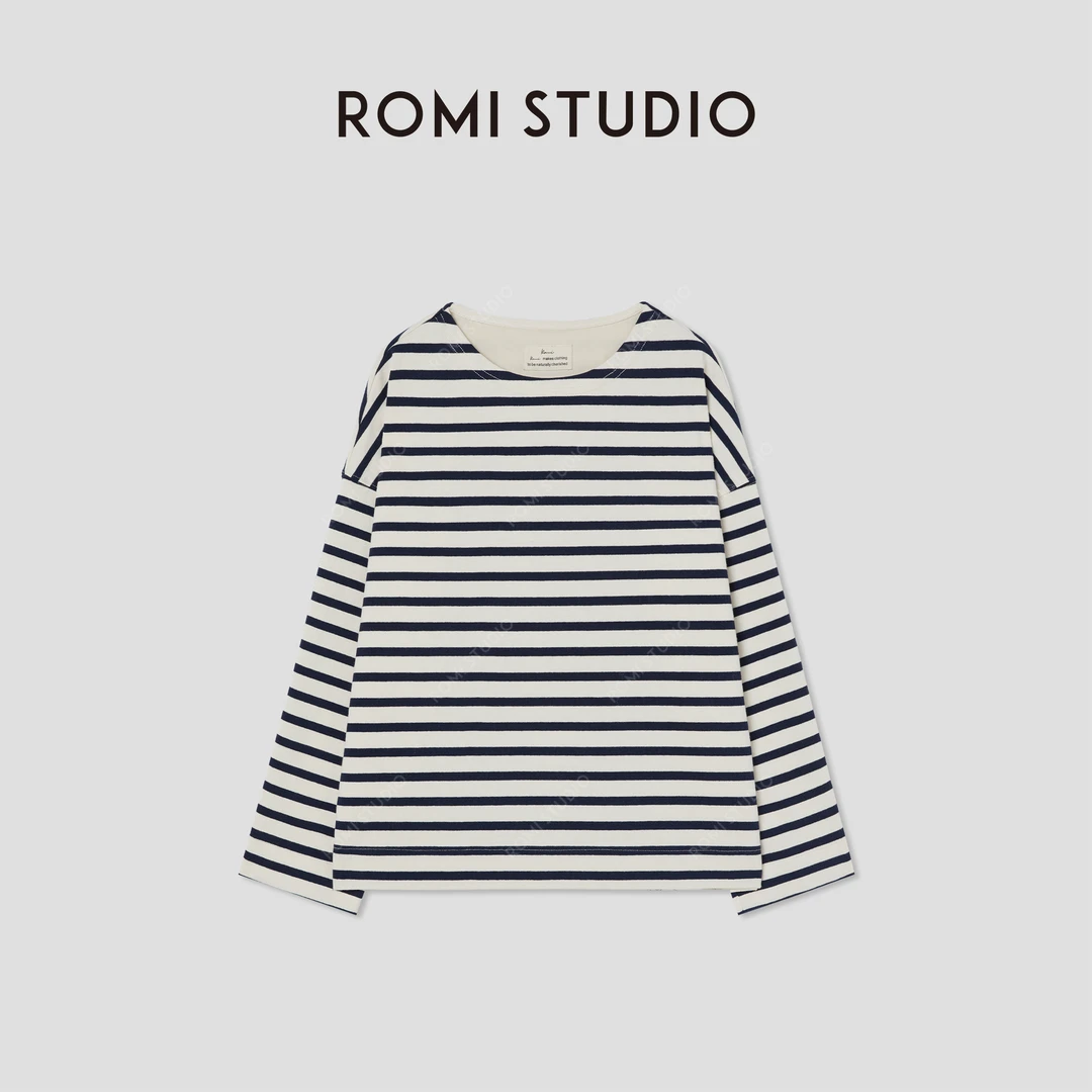 ROMI STUDIO“法式休闲”100棉蓝白条纹宽松圆领长袖T恤RW24ASH0669