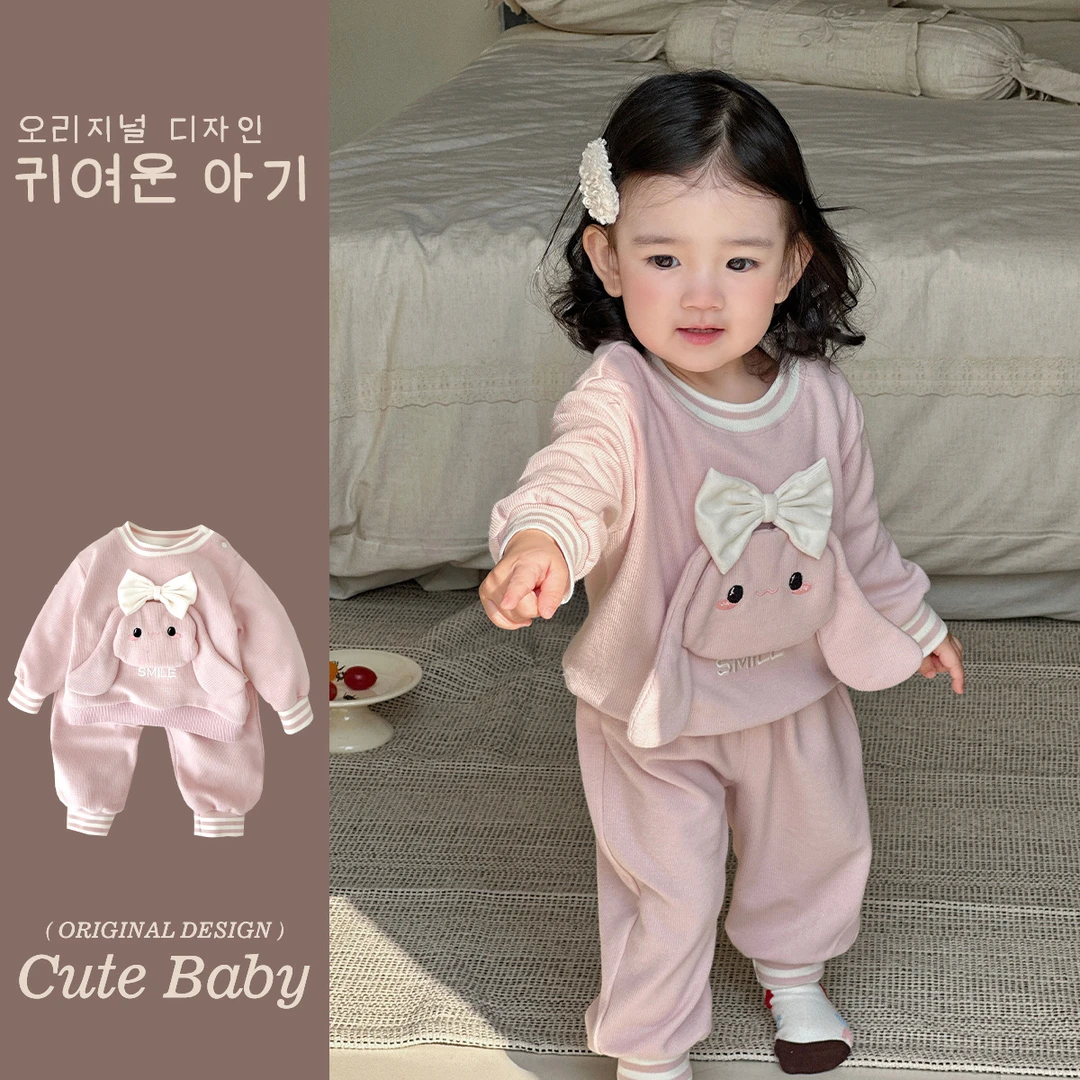 2025年婴儿长袖套装甜美春季女宝宝休闲立体兔耳朵卫衣卫裤两件套