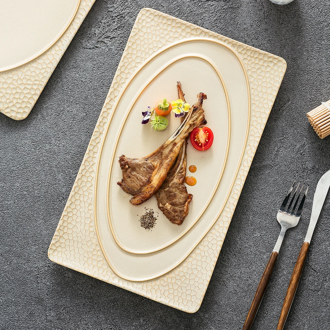 德化2025年新款高级感精致漂亮的日式木纹餐厅陶瓷盘子西餐盘平盘