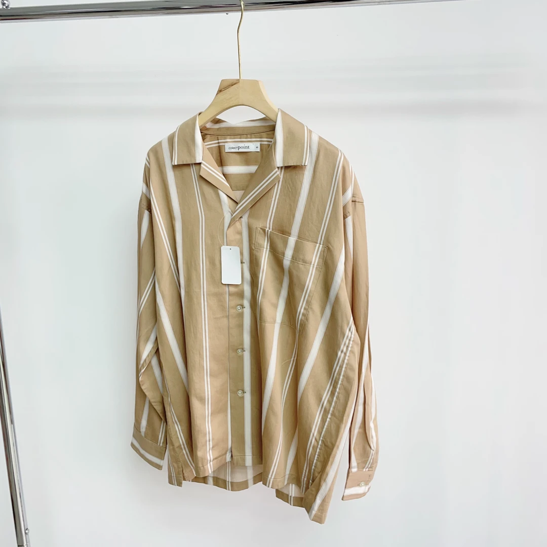 T123 竖条翻领文艺风休闲棕条休闲衬衫