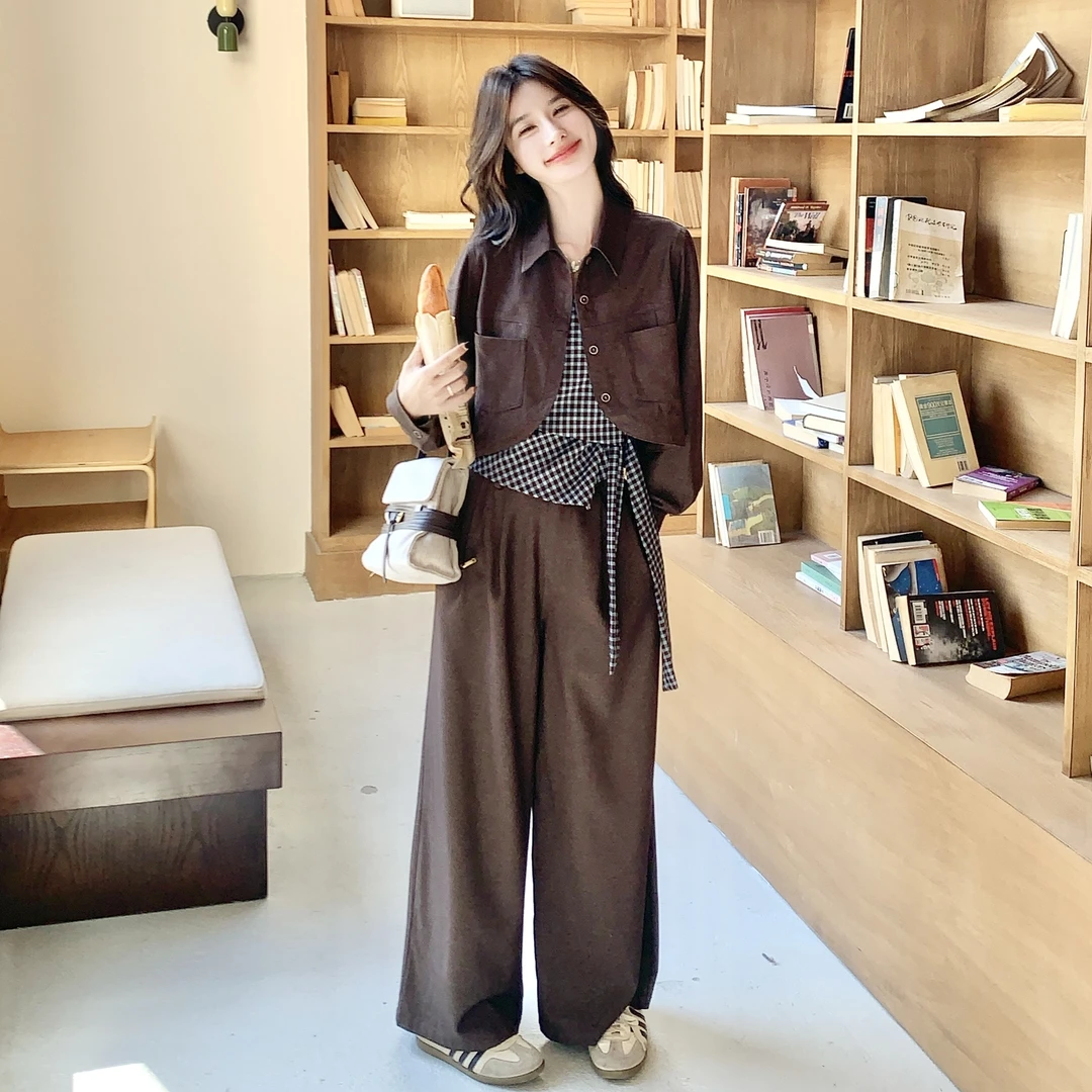 韩系复古高级感牛仔时尚套装女2025秋季格纹吊带衬衫阔腿裤三件套