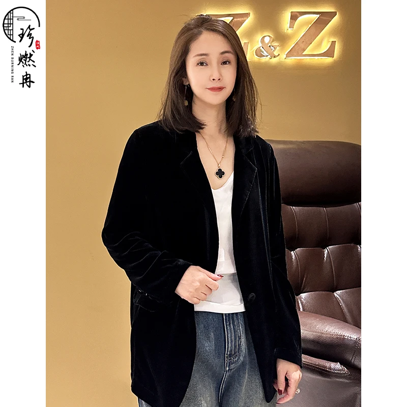 【珍珍新中式】蚕丝丝绒单款纯色时尚纽扣黑色新中式西服外W-83546