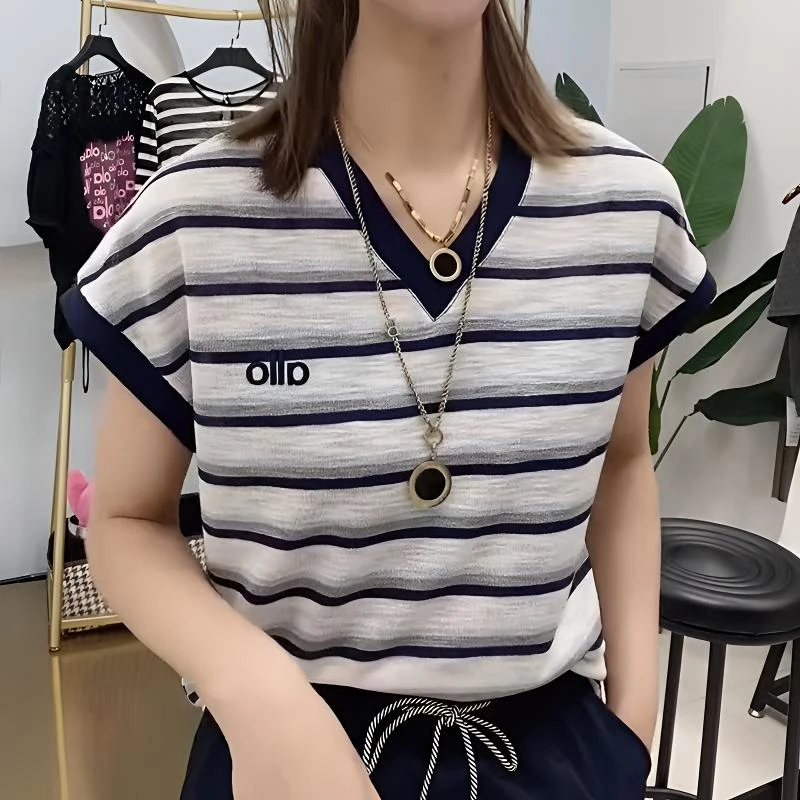 V领短袖条纹女士拼色休闲凉感T恤减龄洋气宽松透气夏季百搭上衣潮