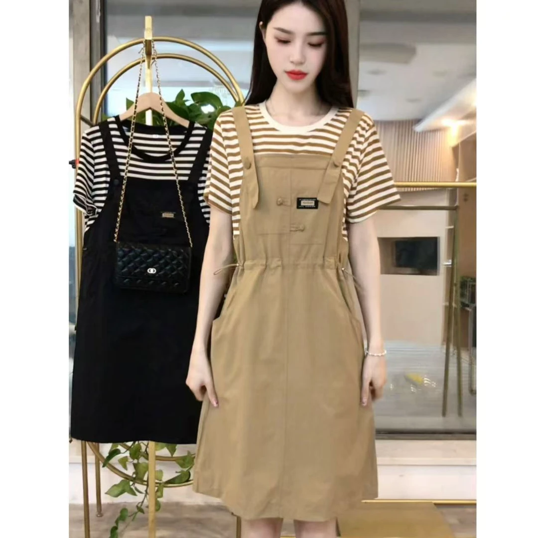 夏季条纹连衣裙显瘦条纹休闲裙百搭裙子休闲减龄时尚假两件