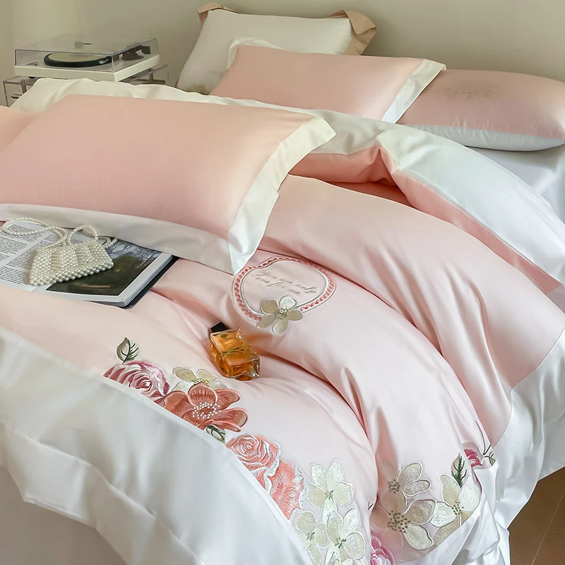 水星高端系列家纺少女心160支长绒棉四件套纯棉全棉花卉刺绣被套