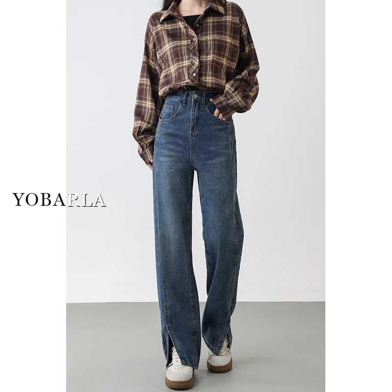 【新年宠粉】蓝色开叉直筒牛仔裤女秋季高腰显瘦窄版阔腿裤YBL-2930