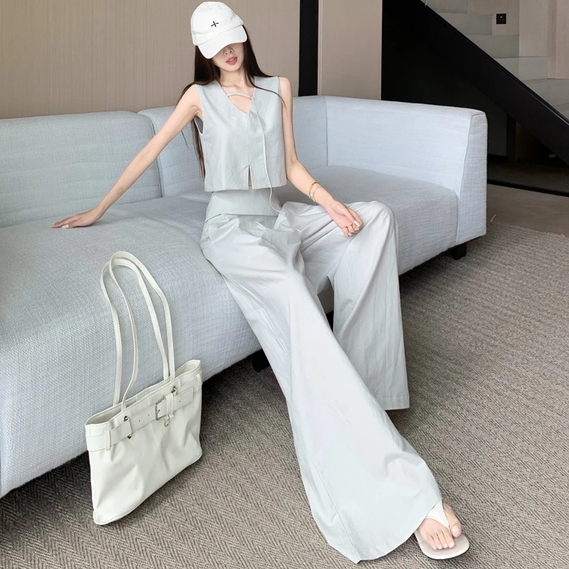 纯欲开叉无袖背心上衣套装女夏季一整套高腰阔腿裤2025休闲两件套