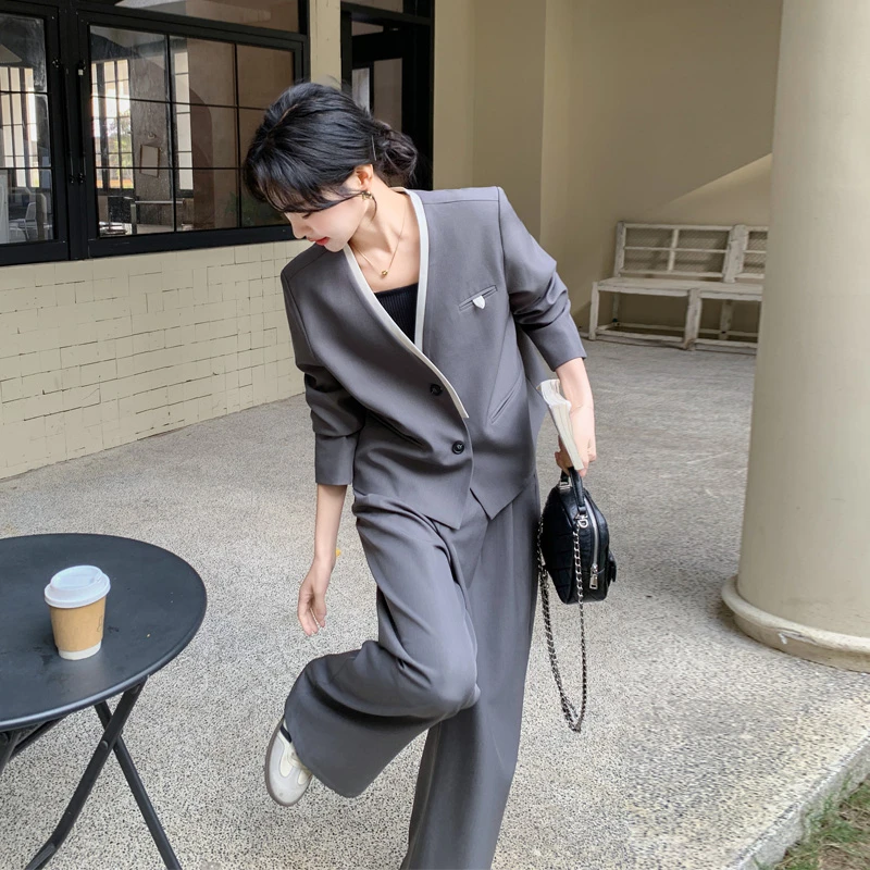 时髦韩系通勤风套装裤女2025早春新款简约百搭设计感阔腿裤两件套