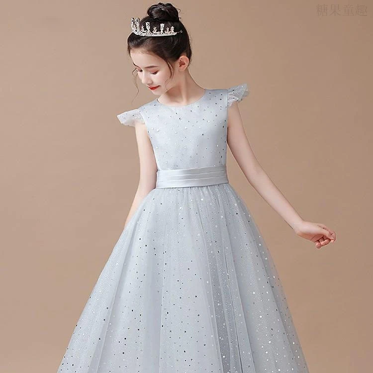 儿童礼服银灰色公主裙女童乐团独唱指挥服高档钢琴演出服花童裙子