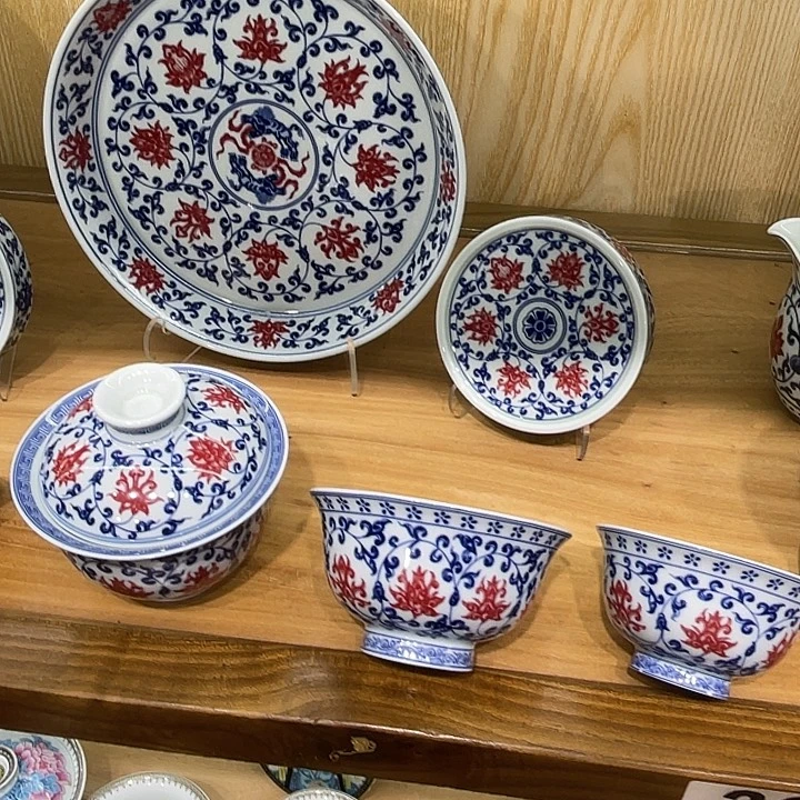 用***3青花釉里红缠枝莲5件套茶具