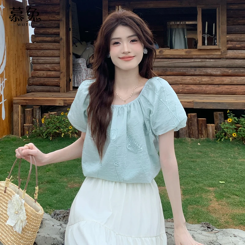 慕兔小清新刺绣短袖衬衫女2025年夏季新款高级感独特重工亮片上衣