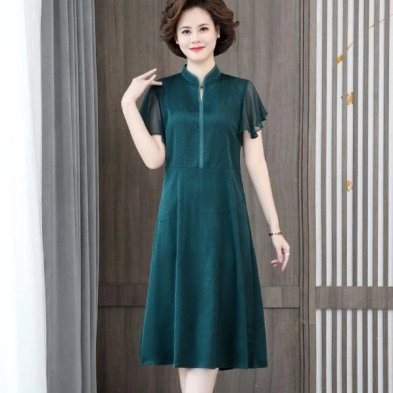 3661中年妈妈夏装旗袍领连衣裙洋气高贵中老年女装过膝裙子减龄