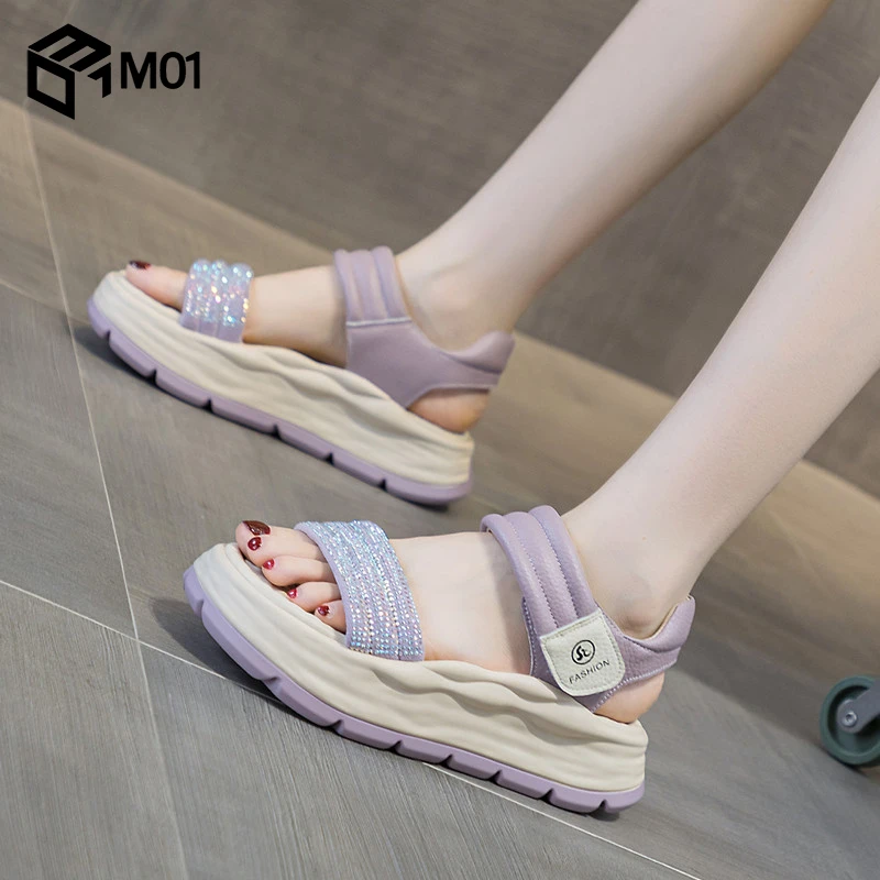 M01厚底凉鞋女2025夏季新款外穿时尚舒适松糕运动休闲带钻罗马鞋
