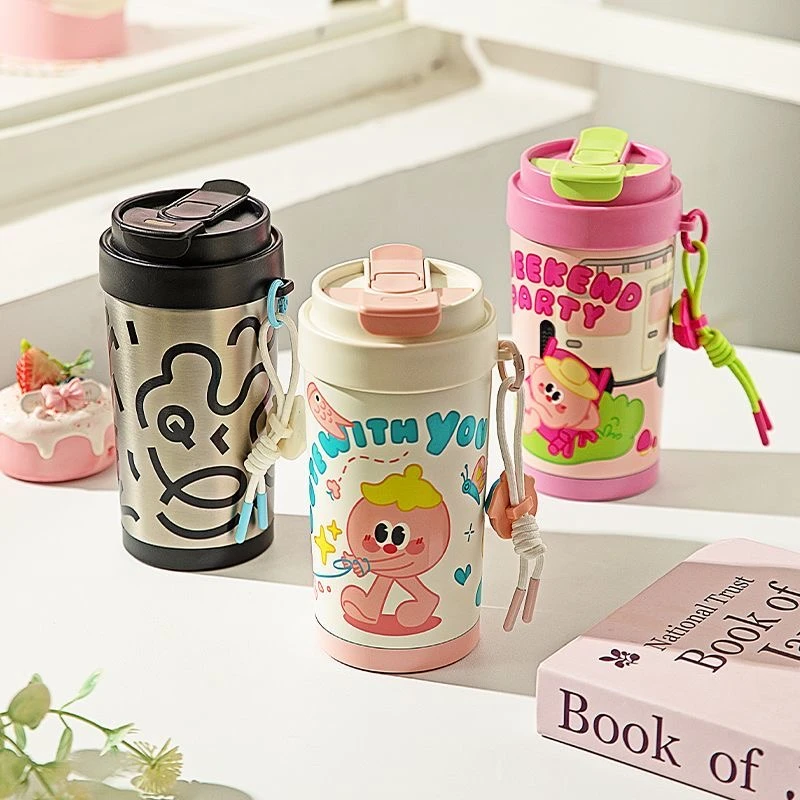 新款儿童吸管保温杯陶瓷内胆女学生高颜值水杯咖啡杯便携双饮杯子