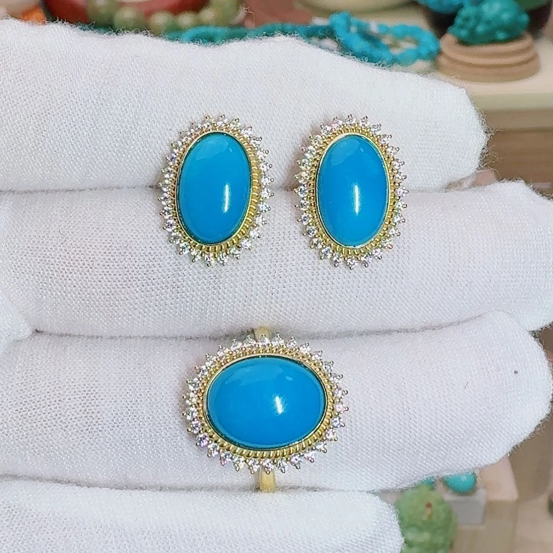 绿松石18K金镶嵌珠宝奇石精品暴暴蓝套装