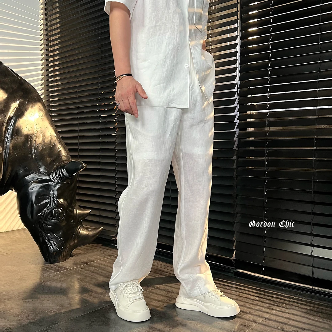 GordonChic 早秋男士薄款纯欧麻手工宽松直筒休闲裤28168