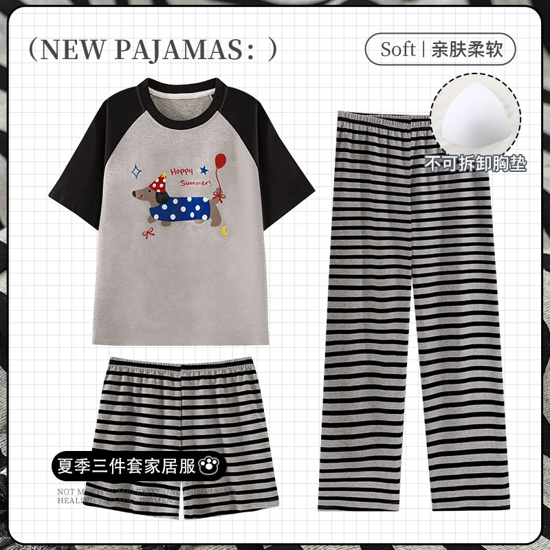 带胸垫睡衣女夏甜美宽松家居服2025年夏季新款短袖学生大码三件套