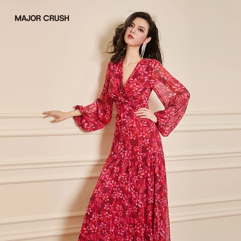 MAJOR CRUSH欧若风花繁春序女装胸部扭结收腰设计斜裁连衣裙6504