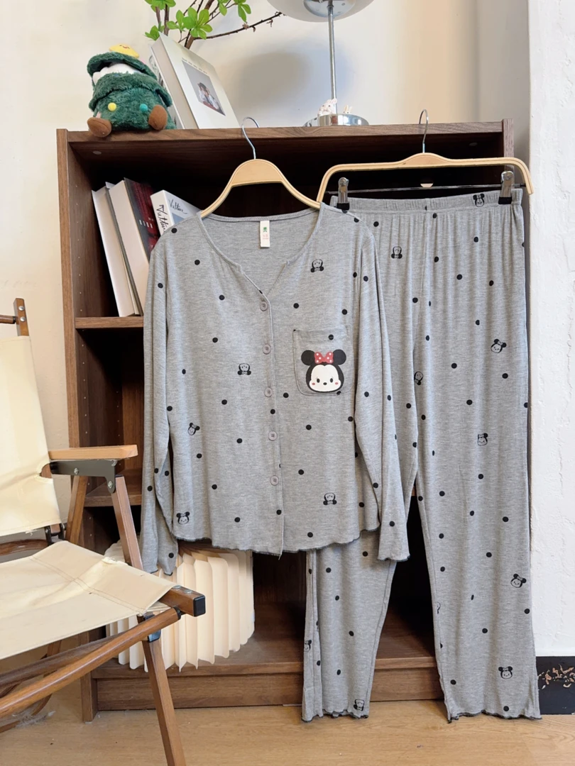 【圆点米奇长袖】新款带胸垫可外穿休闲家居服套装睡衣女春秋