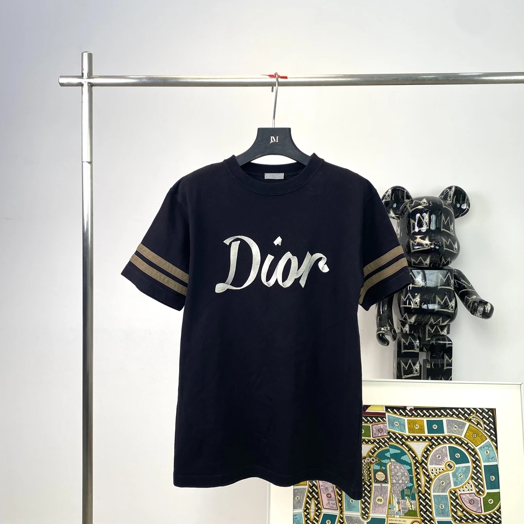 99新 DIOR/迪奥 1442/黑色Logo数字印花条纹短袖T恤/S码