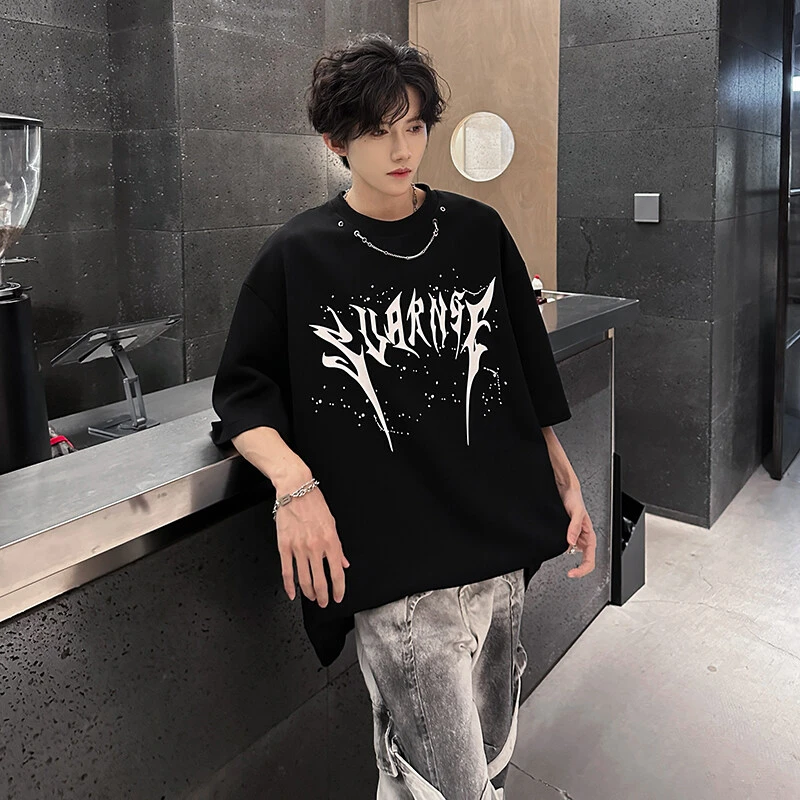 金属链涂鸦重磅短袖t恤男款夏季美式潮牌hiphop半袖宽松五分中袖