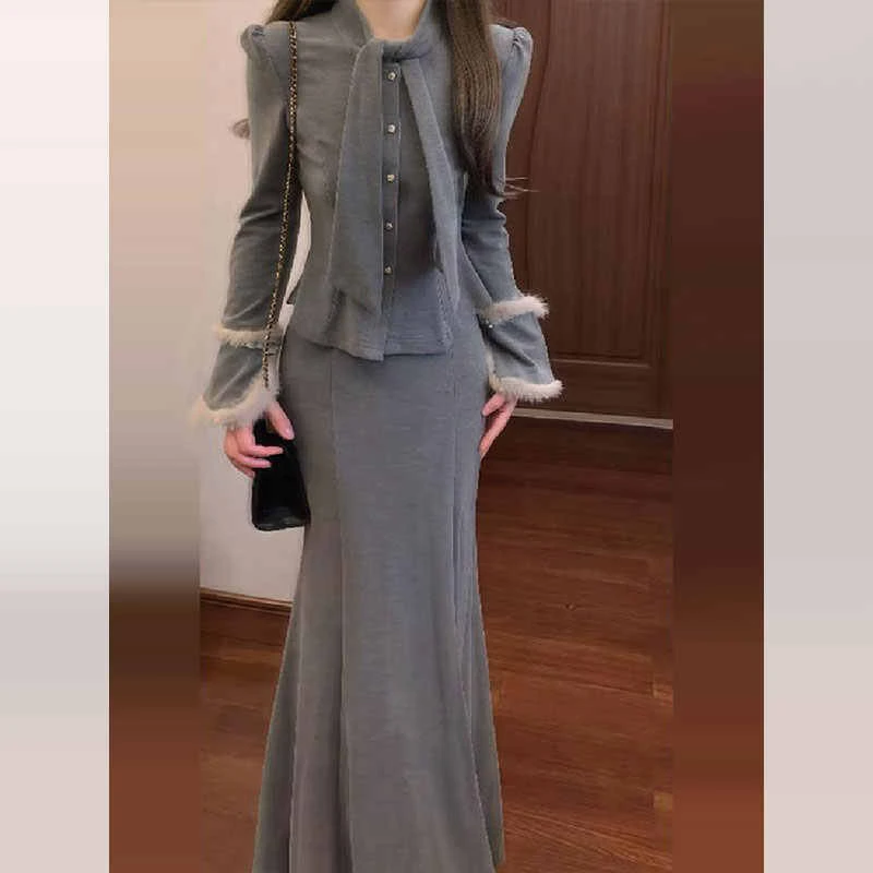 法式纯欲高级2025秋冬款修身针织上衣+小鱼尾半身裙套装女3484#