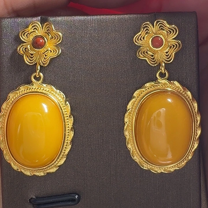 蜜蜡银S925镶嵌耳饰耳坠