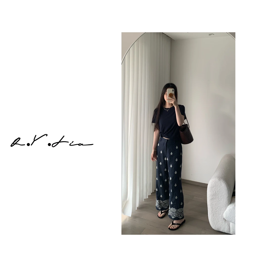 Oh！SUHUA▲ 100%亚麻～精致绣花阔腿裤九分直筒裤女