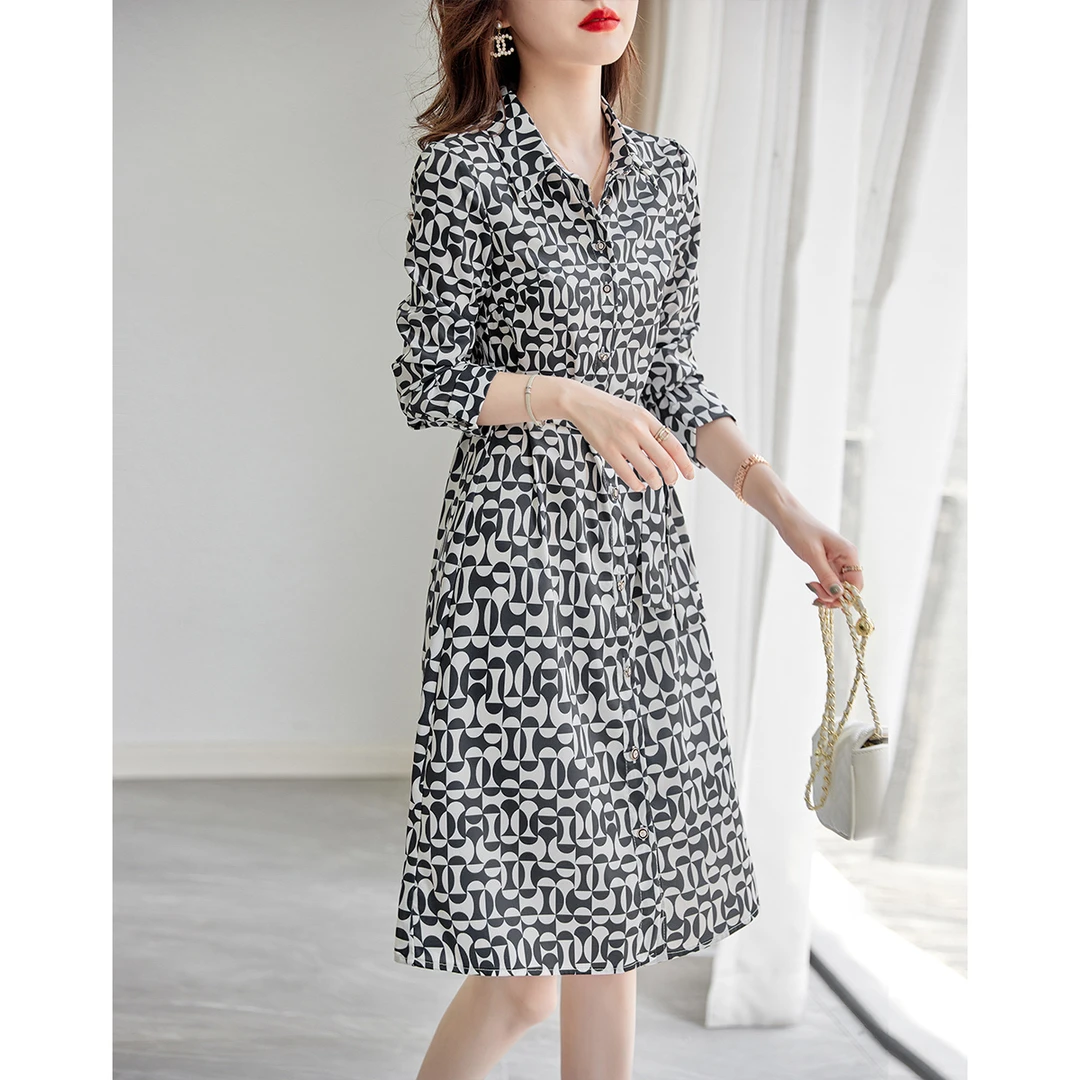 XWI/欣未【几何印花裙子】25夏衬衫领收腰显瘦透气长袖连衣裙女4550