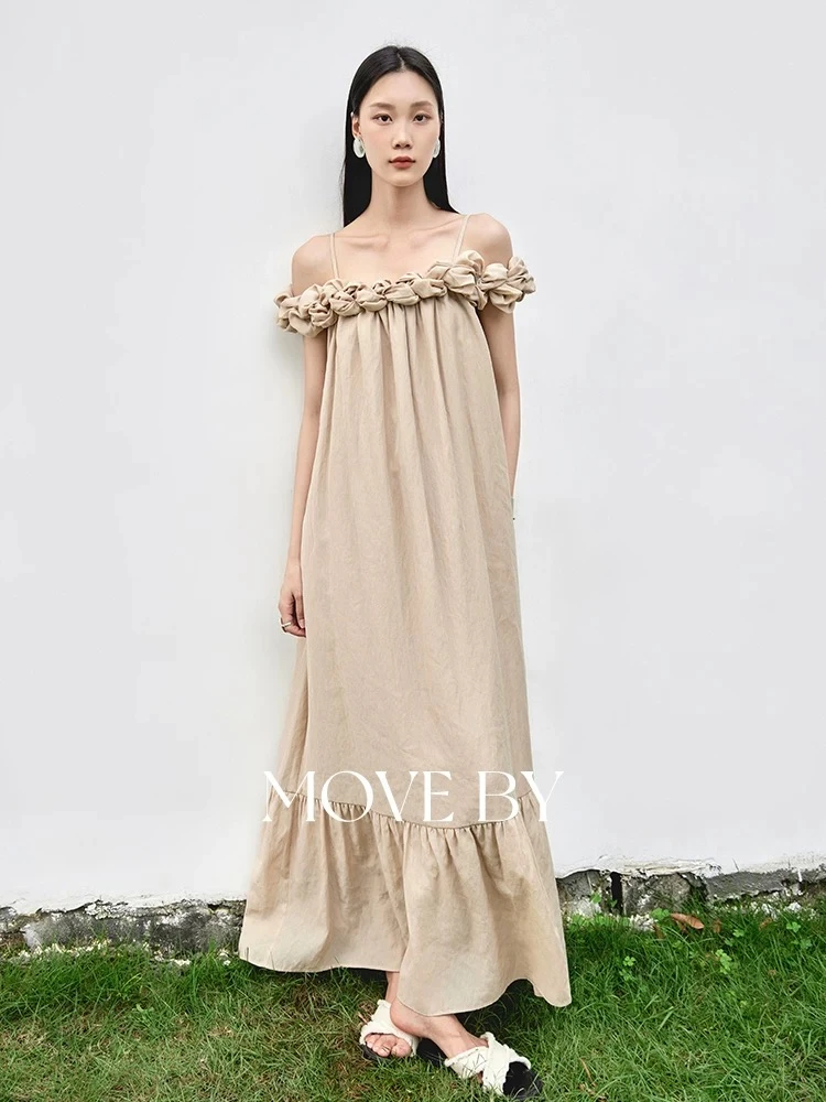 MOVEBY艺术感度假宽松一字肩连衣裙女夏季设计吊带长裙露肩X2233