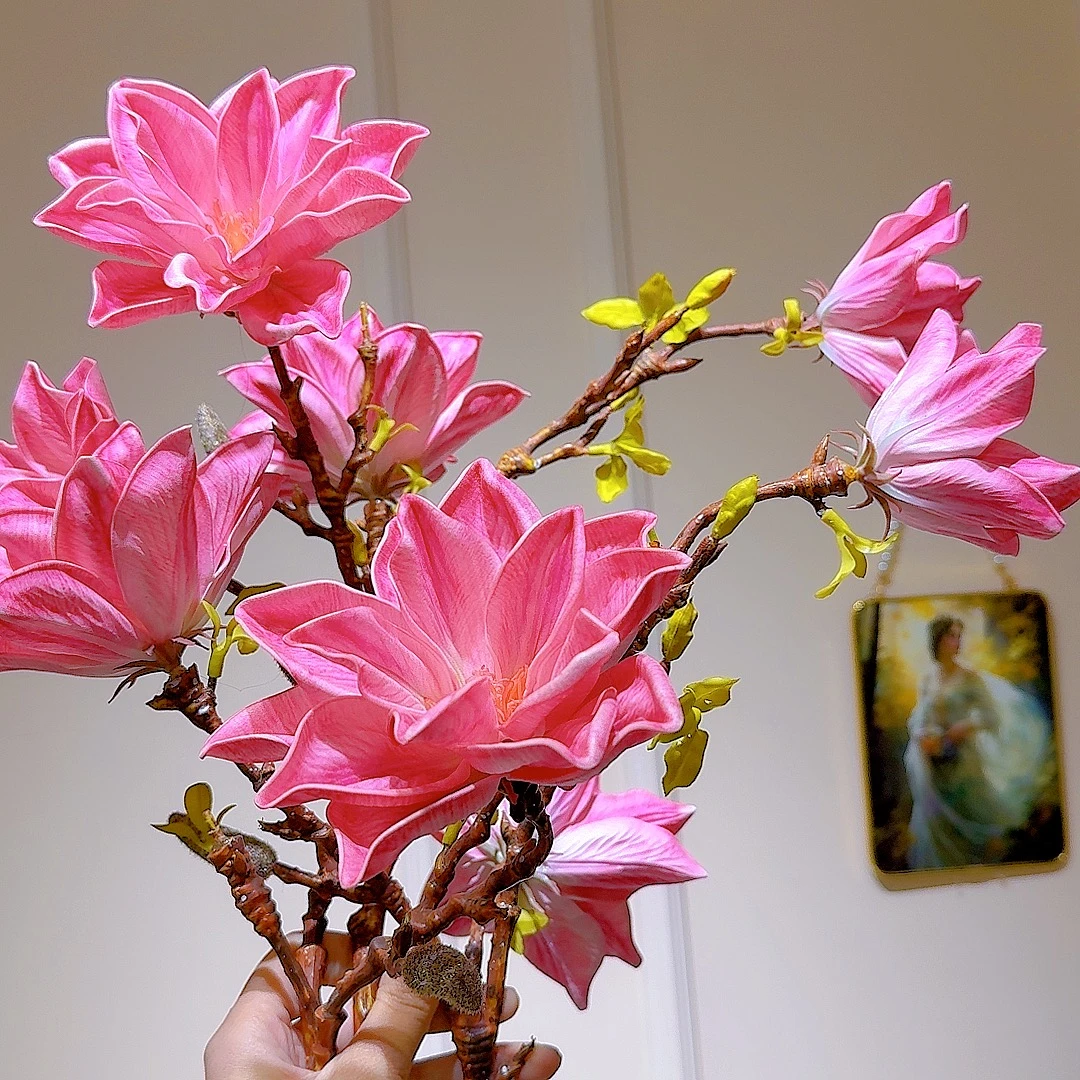 中式仿真高品质玫红粉色玉兰花(两只装)工艺品