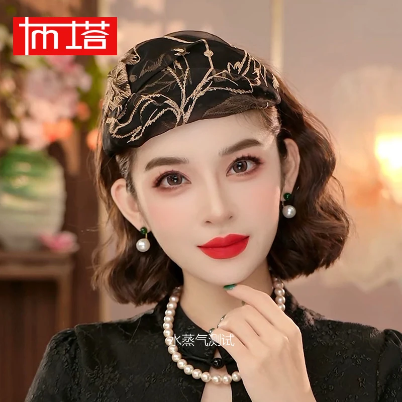 桑蚕丝刺绣女士半帽遮白发真丝洋气简约气质宽边发箍发箍PT2243